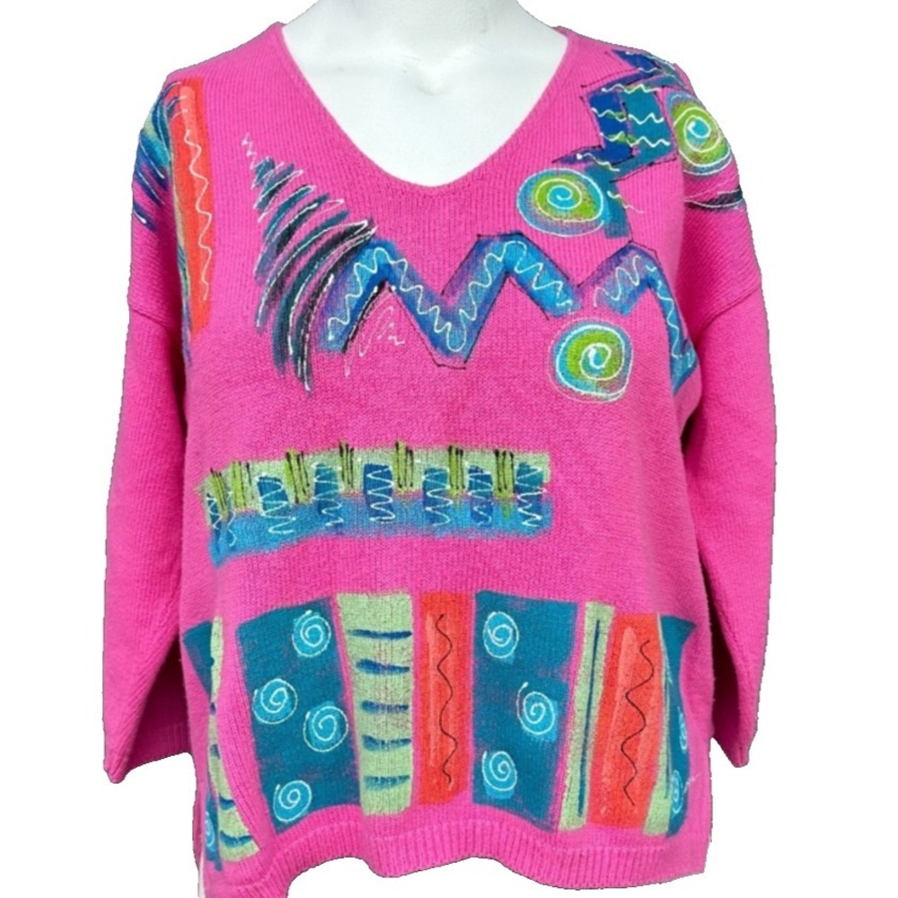 S.J. Design Hand Painted Art Sweater Top XL Pink V-Neck 3/4 Sleeve Knit Artisian